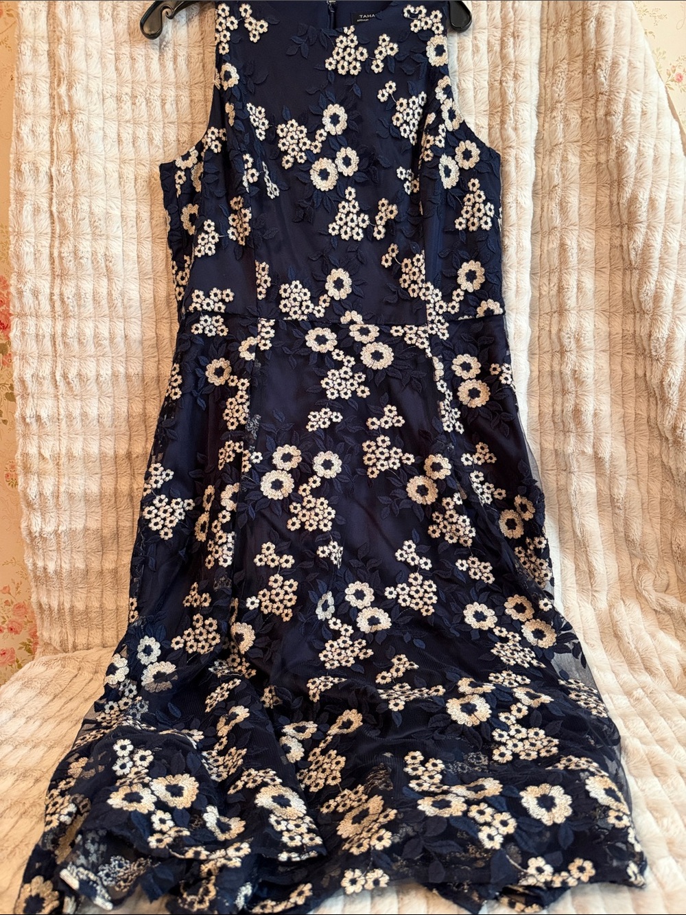 Tahari Navy Floral Embroidered Sleeveless Dress